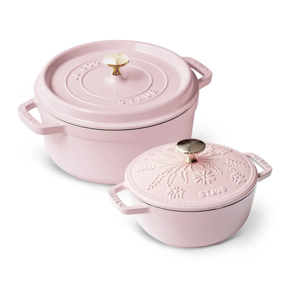 【STAUB】粉紅奶酪琺瑯鑄鐵鍋雙鍋組-圓鍋24cm+Margaret瑪格麗特和食鍋16cm(德國雙人牌集團官方直)