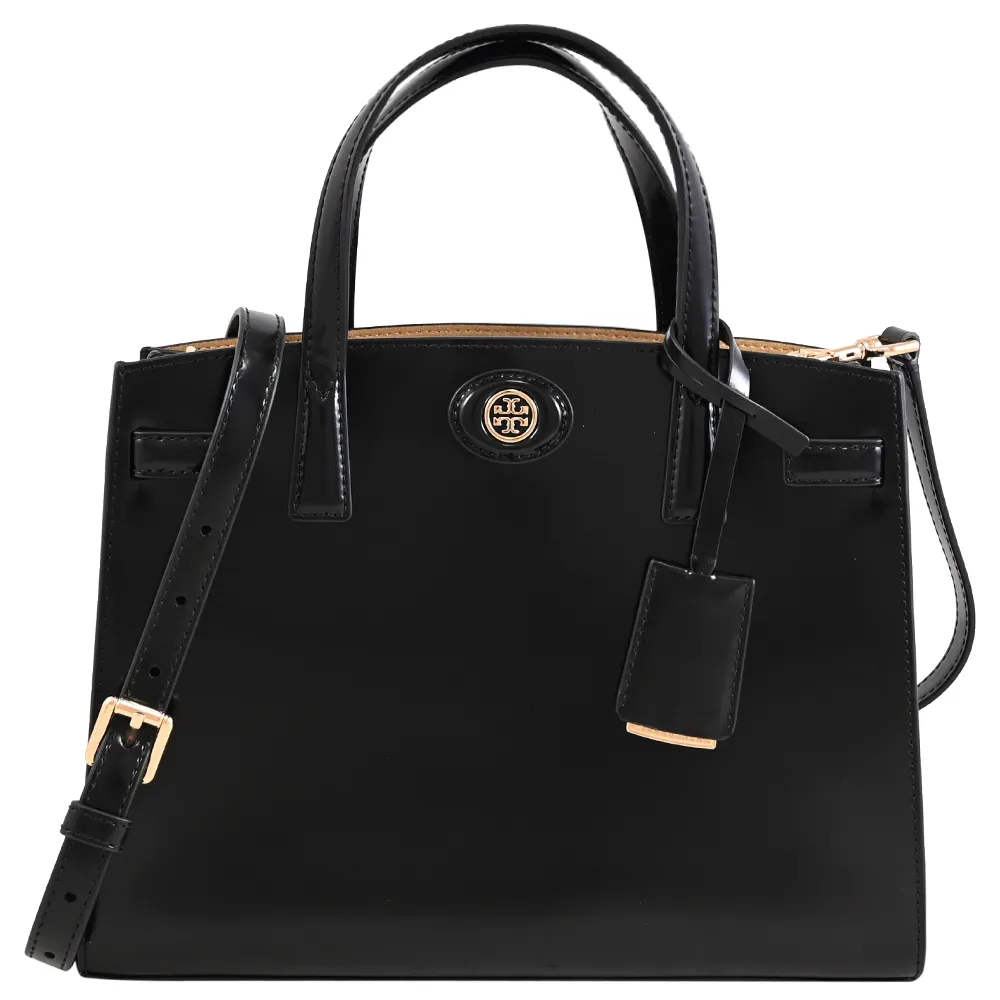 【TORY BURCH】Robinson 附吊飾漆面皮革手提包三層包托特包(黑)