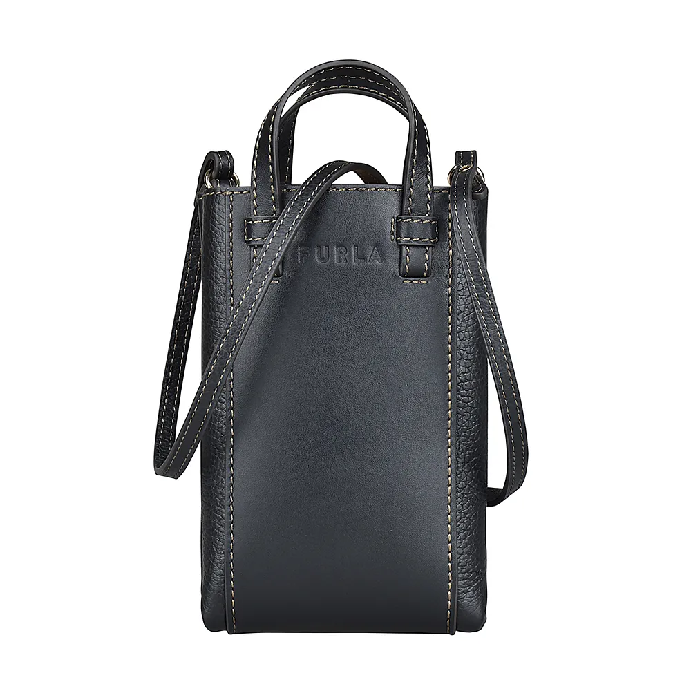 【FURLA 芙拉】FURLA MIASTELLA壓印LOGO直立式小牛皮垂手提斜背包(中/黑x薑黃)