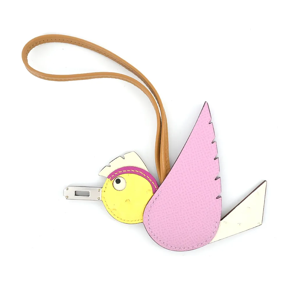 【Hermes 愛馬仕】Birdy charm 牛皮鴕鳥皮羊皮拼接飛鳥吊飾(淡紫/黃柚子/玉蘭/芝麻)