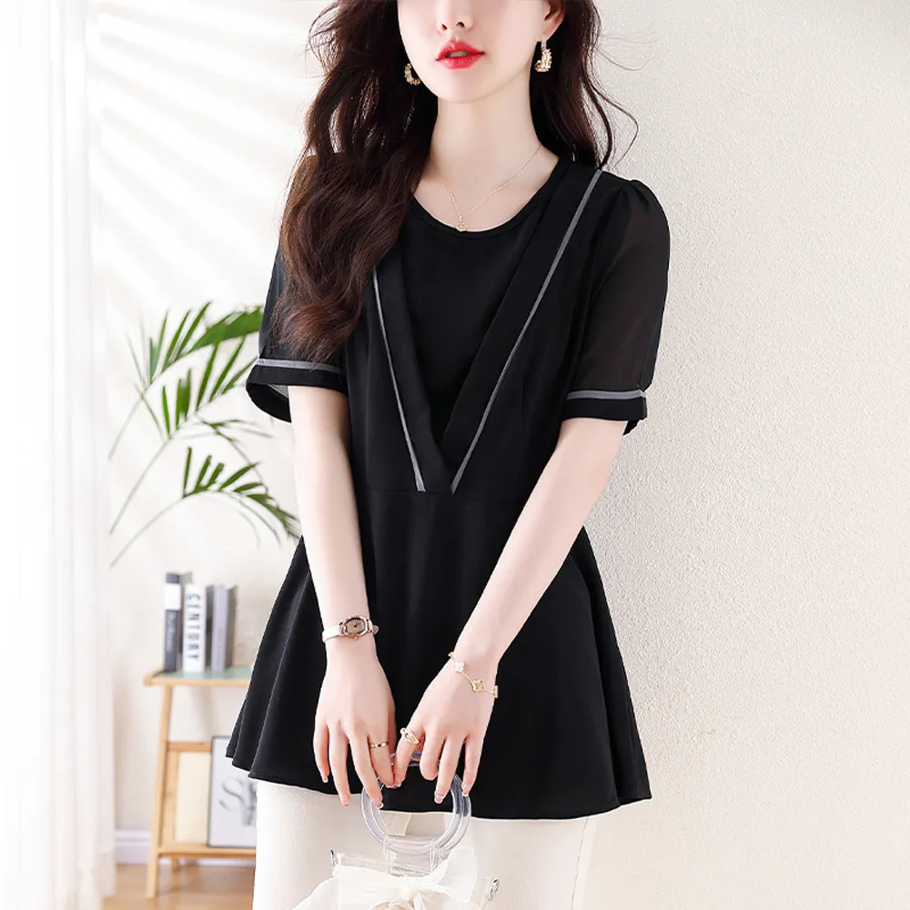 【ALLK 歐楷】新品 配色雪紡衫長上衣 黑色(尺寸L-XXL/中大尺碼/涼爽/透氣)