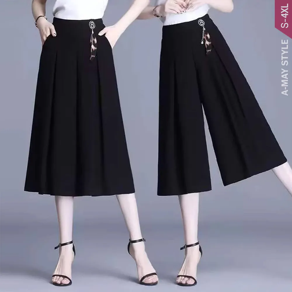 【Amay Style 艾美時尚】中大尺碼女裝 寬褲 褲裙 高腰顯瘦冰絲感垂墜七分休閒褲。S-4XL(黑.預購)