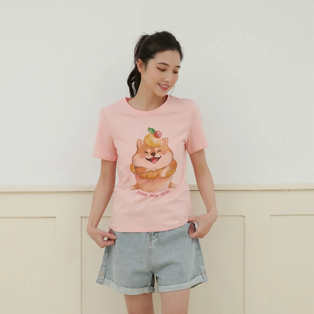 【PINK NEW GIRL】隱身柴犬蛋糕插畫風舒棉T(2色)