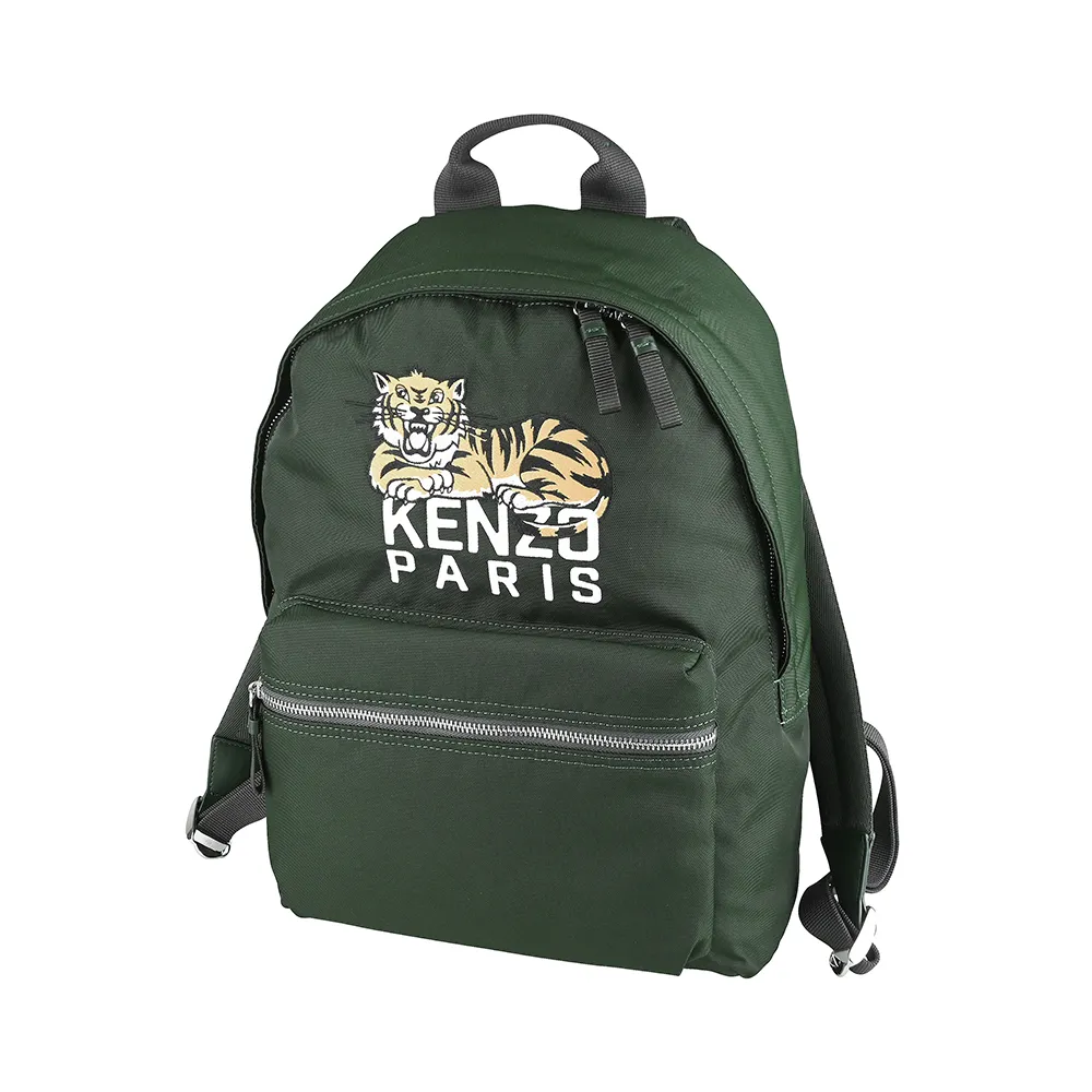 【KENZO】KENZO Happy Tiger系列刺繡LOGO滌綸布快樂老虎圖案拉鍊手提/後背包(展示品/深卡其綠)