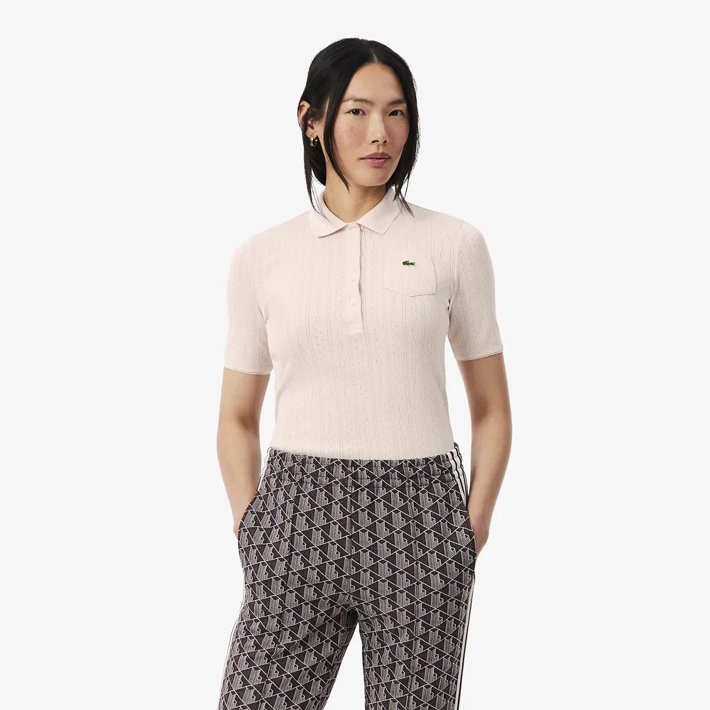 【LACOSTE】女款-修身針織短袖Polo衫(粉紅色)