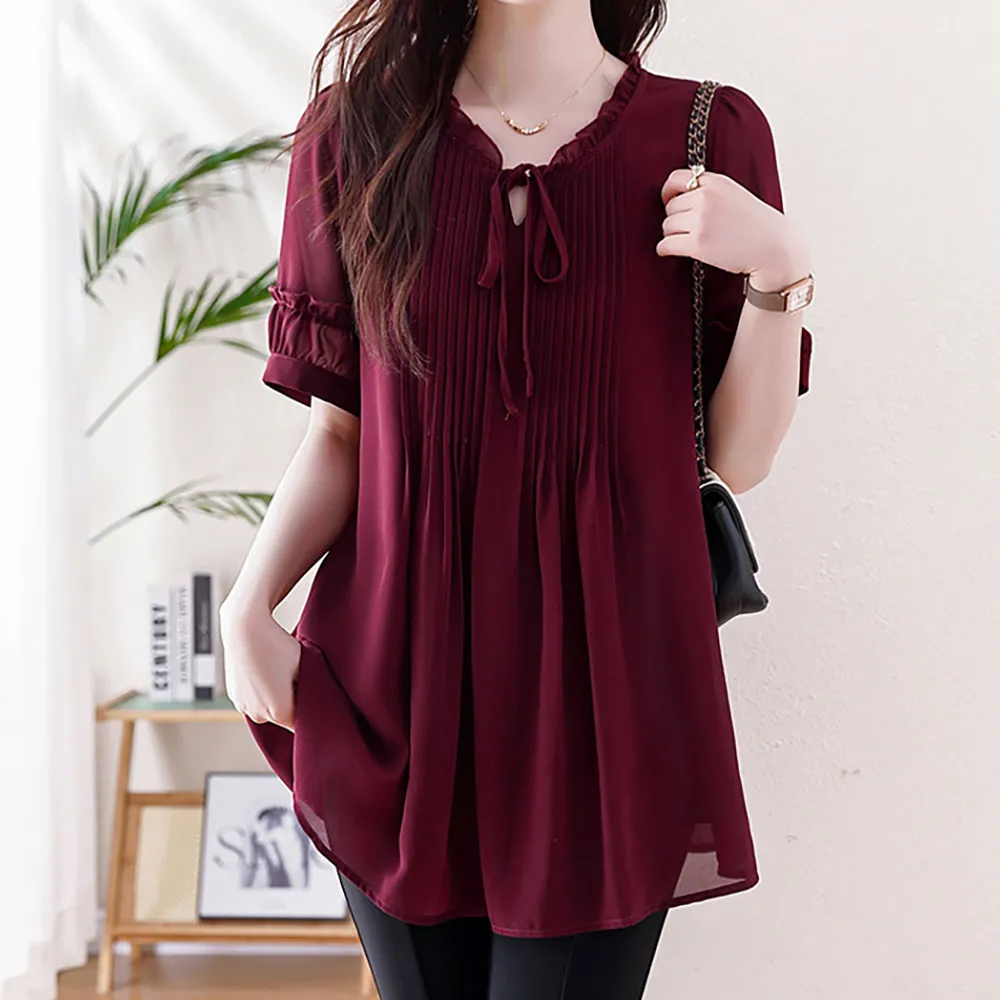 【麗質達人】5643紅色雪紡上衣-LY(L-5XL)