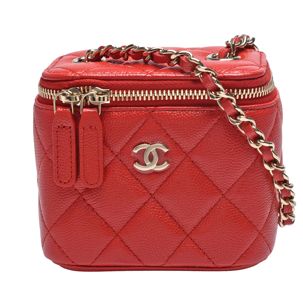 【CHANEL 香奈兒】經典雙C LOGO菱格粒紋牛皮金屬鍊帶斜背化妝包(迷你-紅色AP1340C-RED-GP)