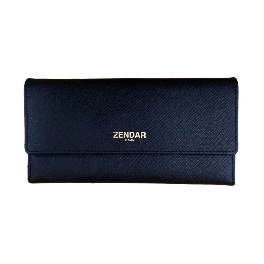 【ZENDAR】頂級小牛皮十字紋翻蓋長夾 米蘭系列(黑色 送禮盒提袋)
