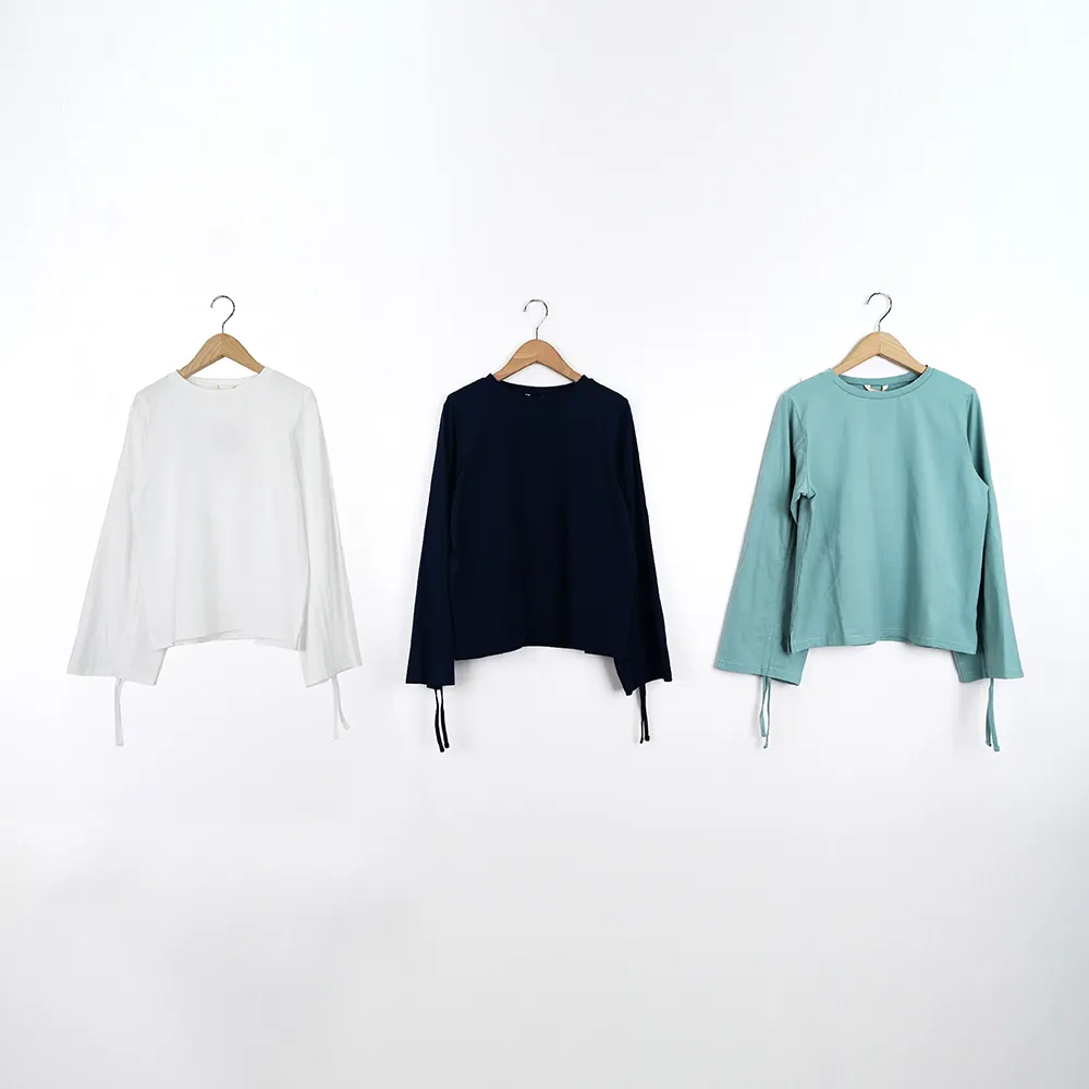 【MOSS CLUB】袖子抽繩造型長袖上衣(藍 白 綠/魅力商品)