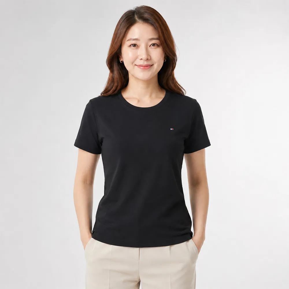 【TOMMY HILFIGER】TOMMY 刺繡Logo素面短袖T恤 上衣-女-黑色(平輸品/素T/短T)