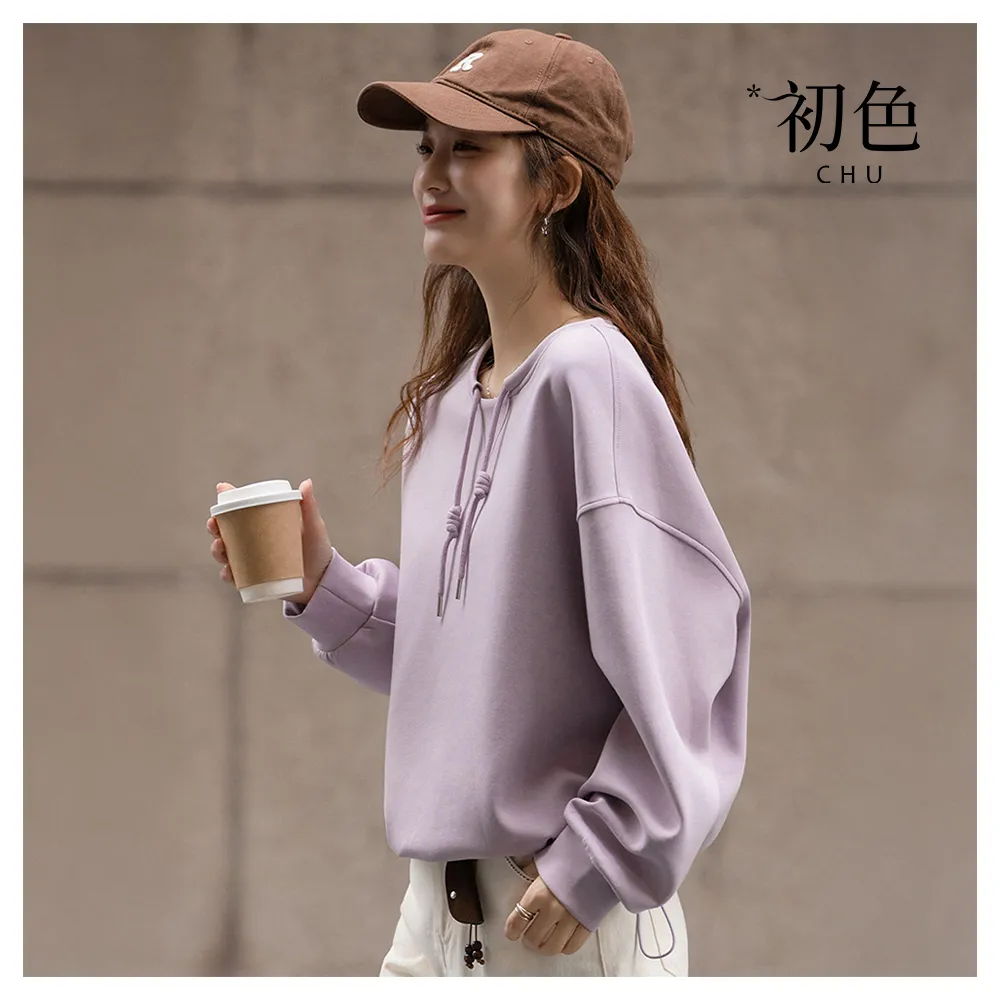 【初色】休閒純色圓領長袖寬鬆抽繩T恤上衣女上衣-紫色-18589(M-2XL可選)