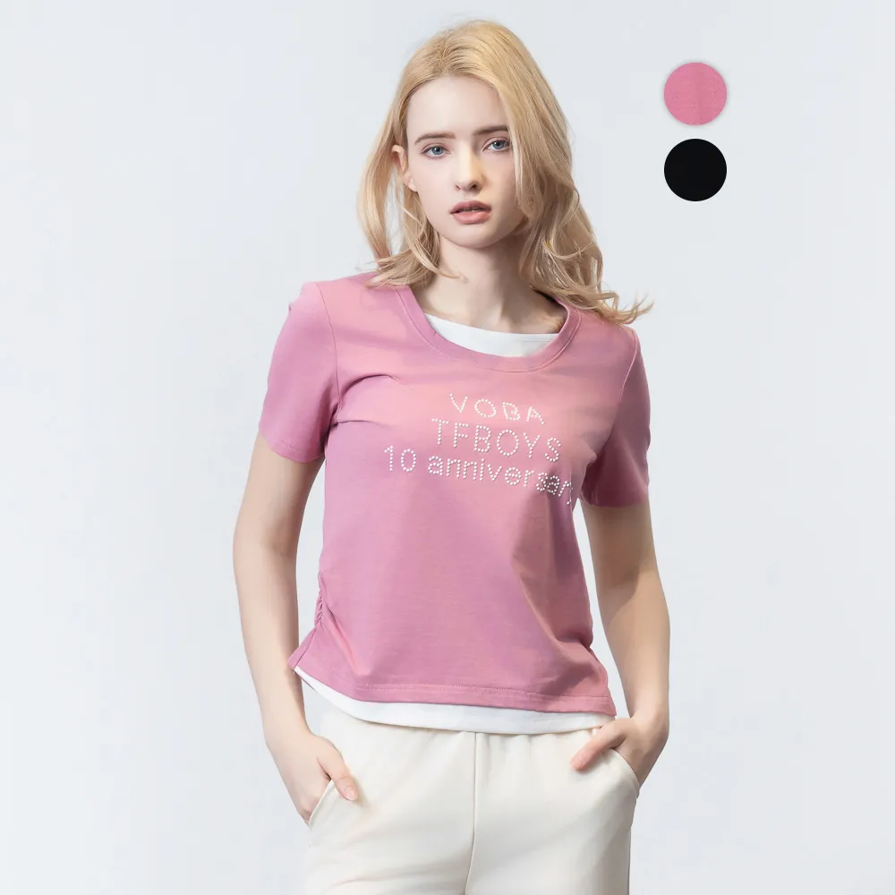 【MEDUSA 曼度莎】現貨-假兩件字母抽皺層次感T恤 - 2色（M-XL）｜女短袖T恤 休閒上衣 短袖上衣(601-35701)