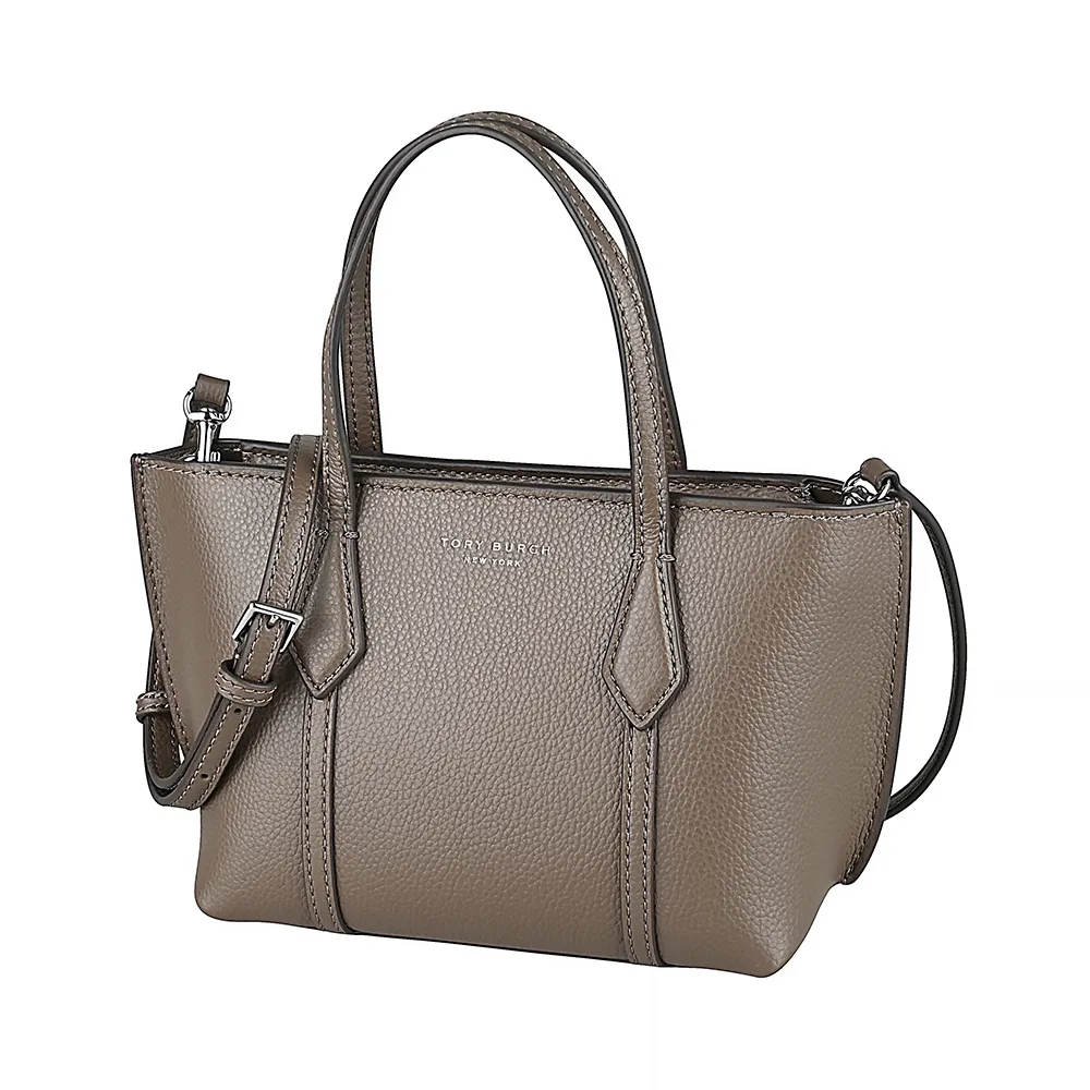 【TORY BURCH】TORY BURCH Perry燙金字LOGO荔枝紋牛皮拉鍊手提/斜背托特包(迷你/野生菇棕褐)
