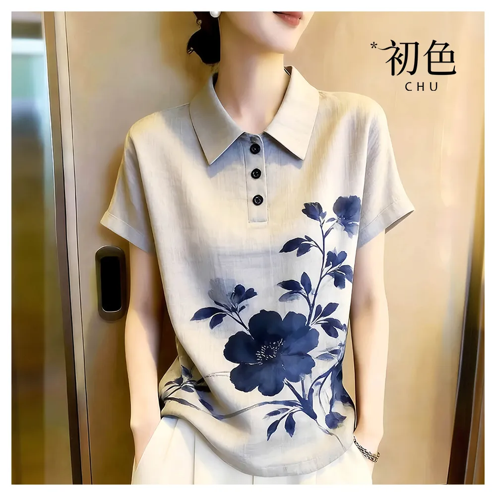 【初色】復古風翻領單排釦花卉印花插肩短袖襯衫上衣女上衣-淺灰色-53694(M-XL可選)