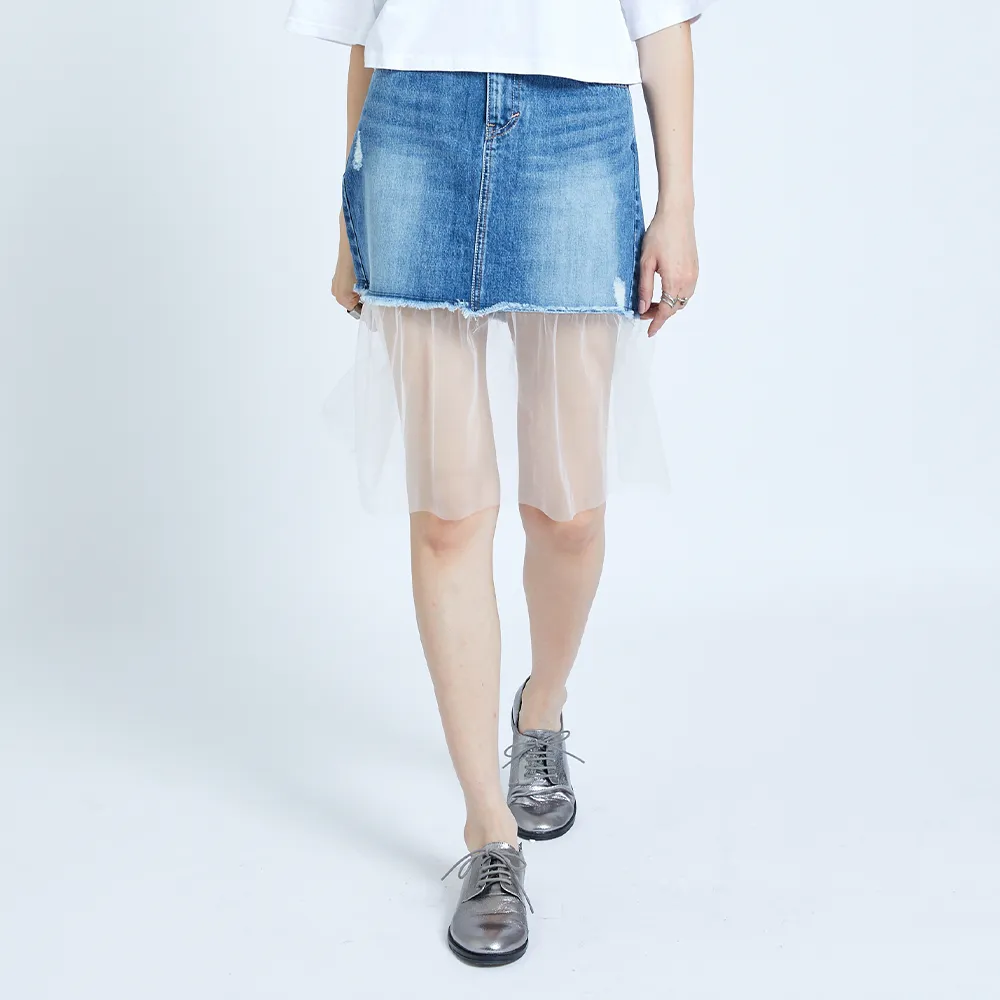 【5th STREET】雙11 女裝 短裙 牛仔短裙 紗裙 深藍(980028)