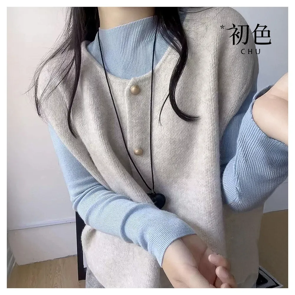【初色】簡約休閒純色圓領排扣針織無袖開衫背心女背心-共3色-16860(M-XL可選)