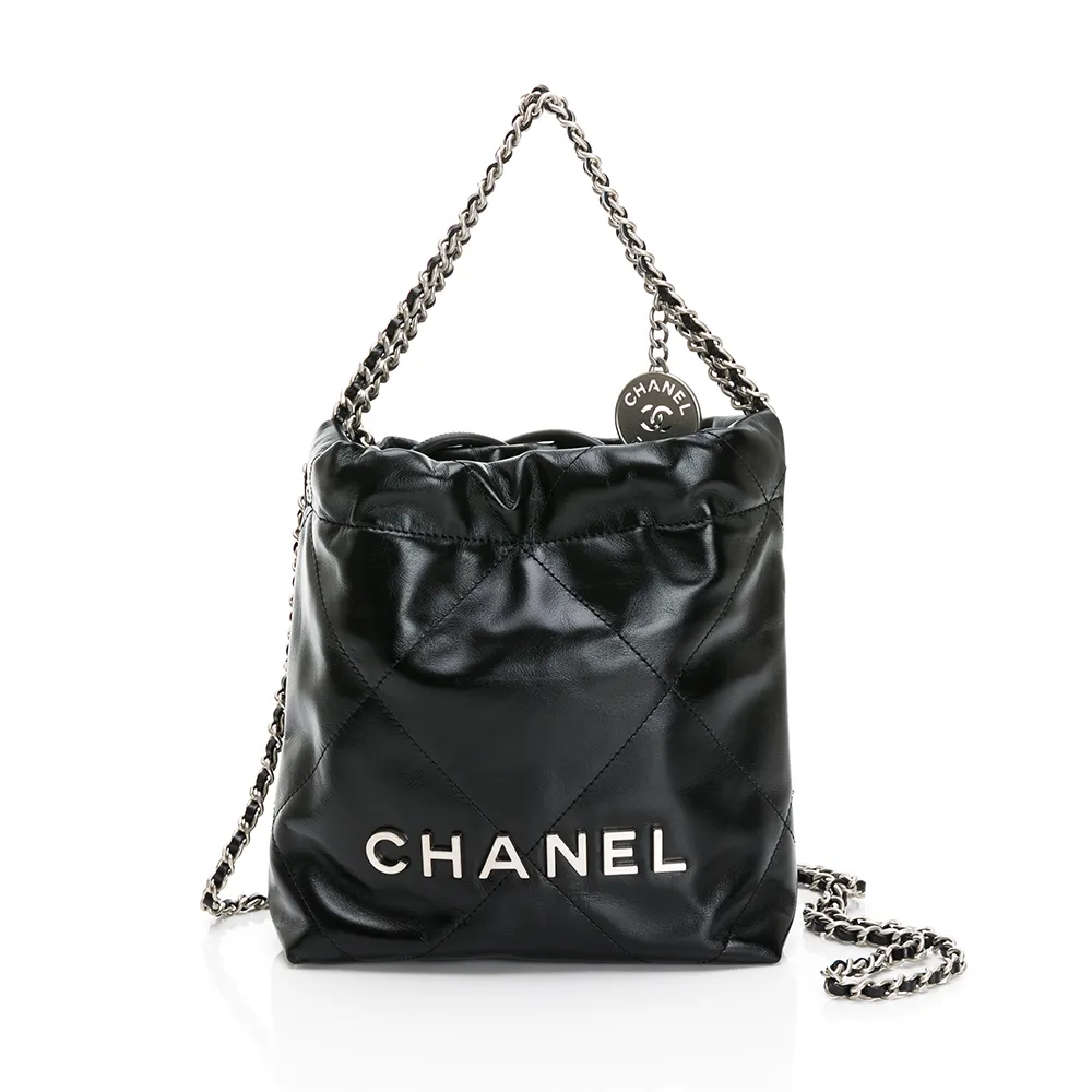 【CHANEL 香奈兒】22 Mini Bag 仿舊銀色金屬logo菱格縫線小牛皮斜背包/肩背包(黑/銀)『entrupy安心購』