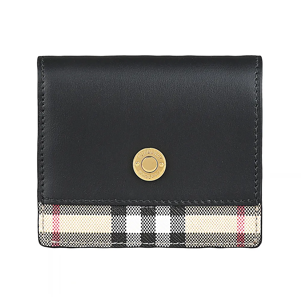【BURBERRY 巴寶莉】BURBERRY 金釦刻印LOGO小牛皮搭格紋PVC 4卡按釦零錢短夾(黑)