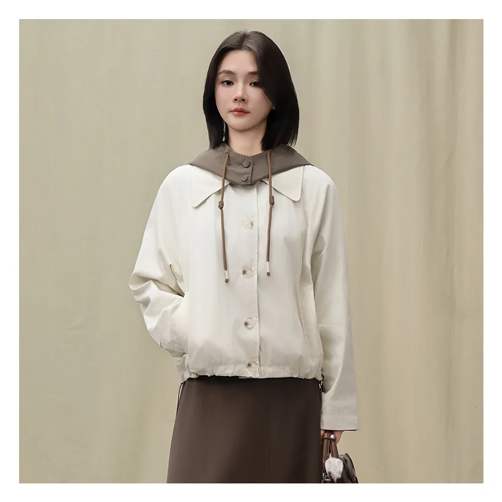【Jessica Red】休閒拼接連帽短款風衣外套R54006（米）
