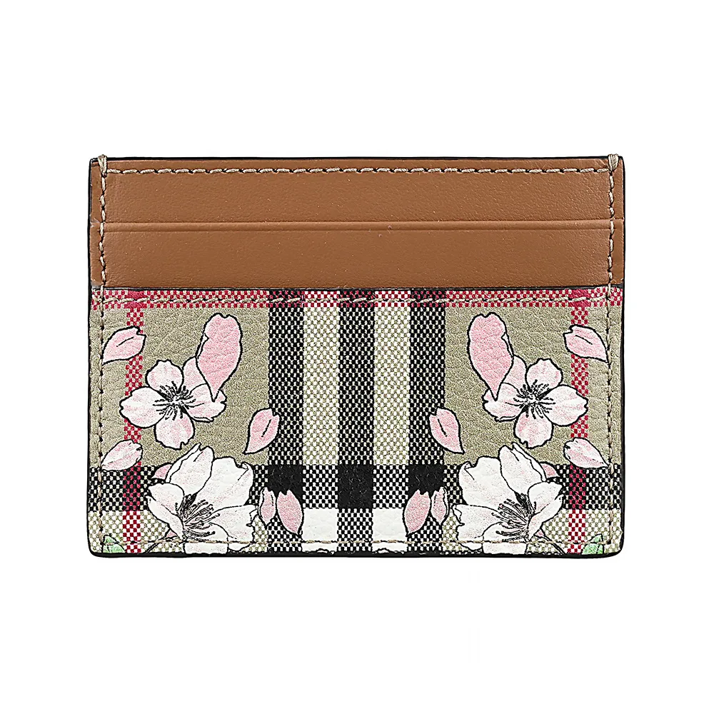 【BURBERRY 巴寶莉】BURBERRY Sandon 皮革內燙印LOGO小牛皮格紋設計搭櫻花4卡卡夾(典藏米x棕)
