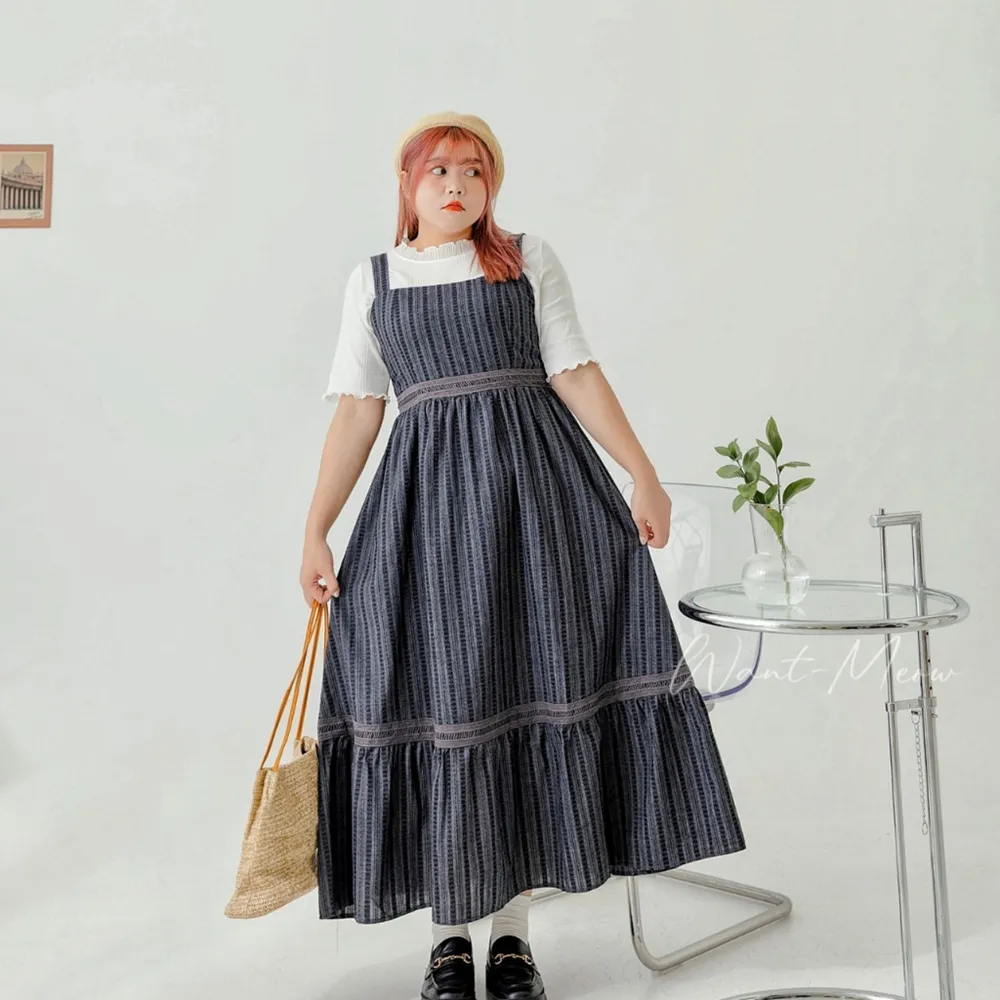 【Want-Meow】90公斤可穿/韓系精緻蕾絲吊帶長裙長洋裝(大碼/大尺碼/加大碼/孕婦裝/吊帶裙)