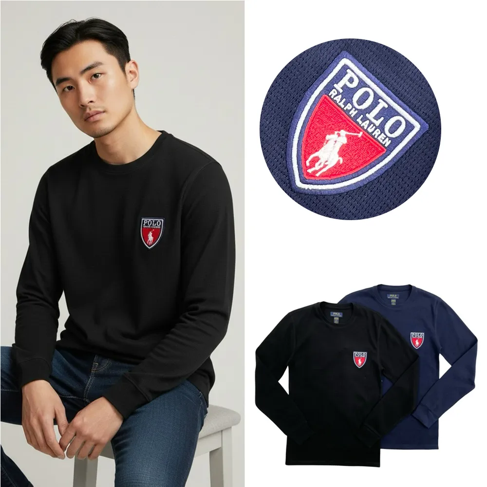 【RALPH LAUREN】華夫格 胸口盾標 長T 細格紋 長袖 小馬 男長袖 長袖 T恤 平輸品(9360深藍EZ4 黑E#3)