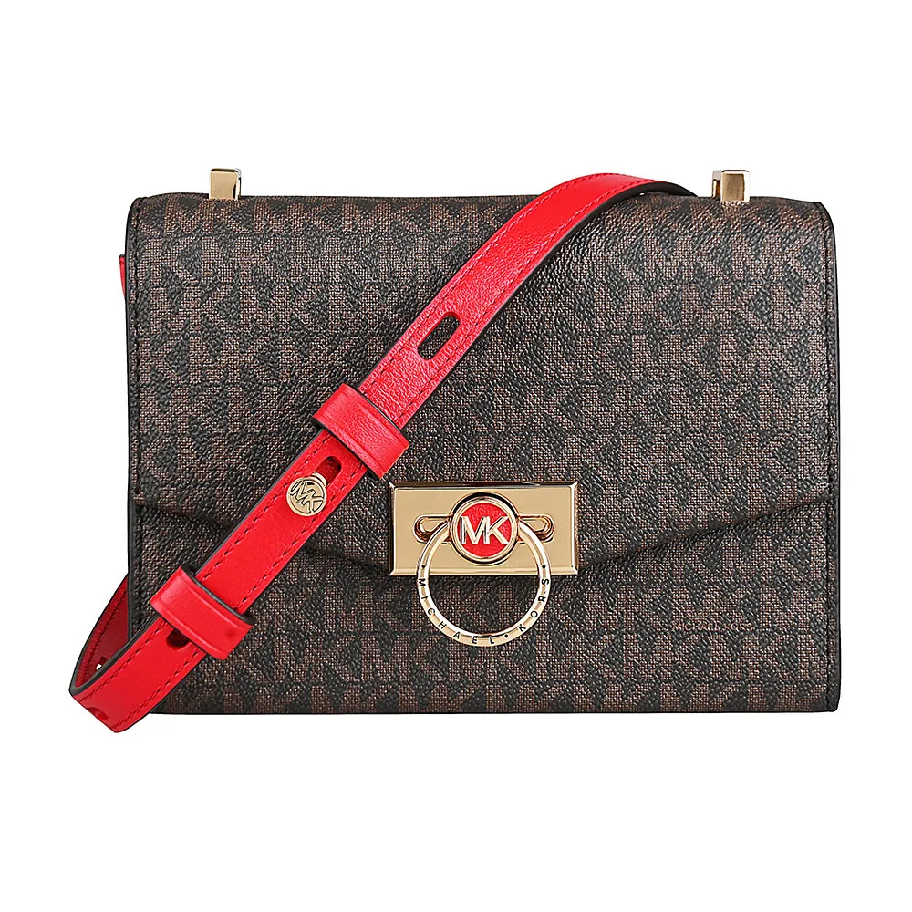 【Michael Kors】MICHAEL KORS 印花PVC帆布Hendrix系列斜背包(超小號/深褐x紅)