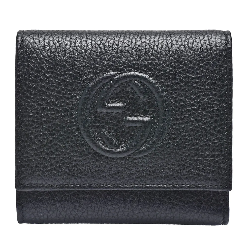 【GUCCI 古馳】經典雙G LOGO荔枝紋牛皮暗釦三折短夾(黑色598207-A7M0G-1000)