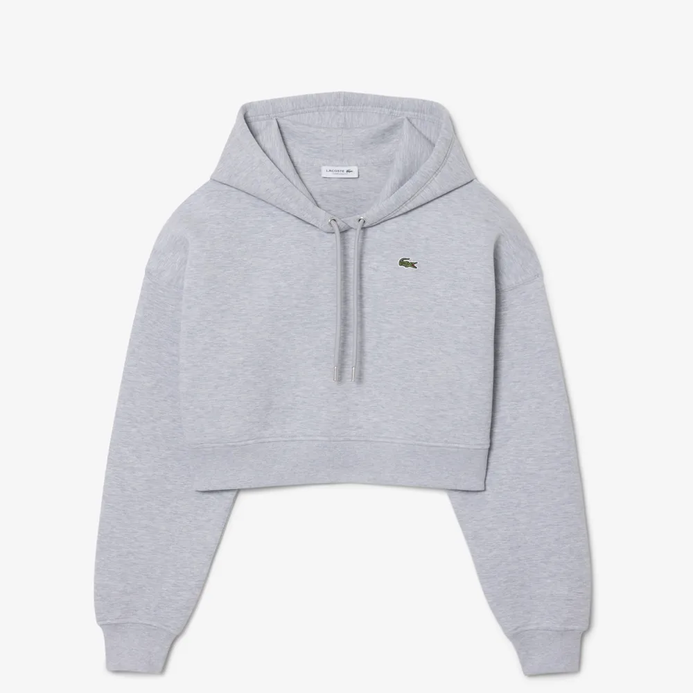 【LACOSTE】女款-寬鬆慵懶落肩短版連帽長袖上衣(灰色)