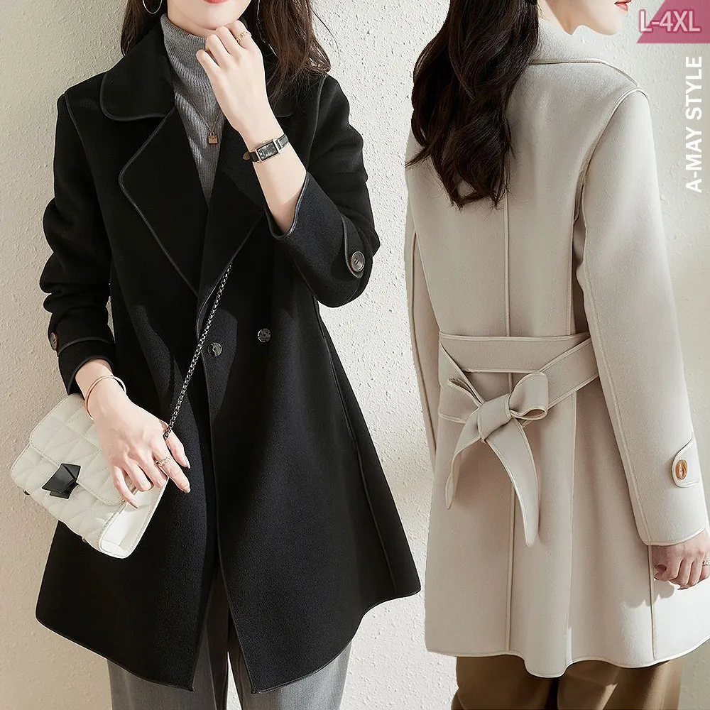 【Amay Style 艾美時尚】現貨 中大碼女裝 外套 時裝感暖暖羊絨繫帶中長版大衣。L-4XL(5色)