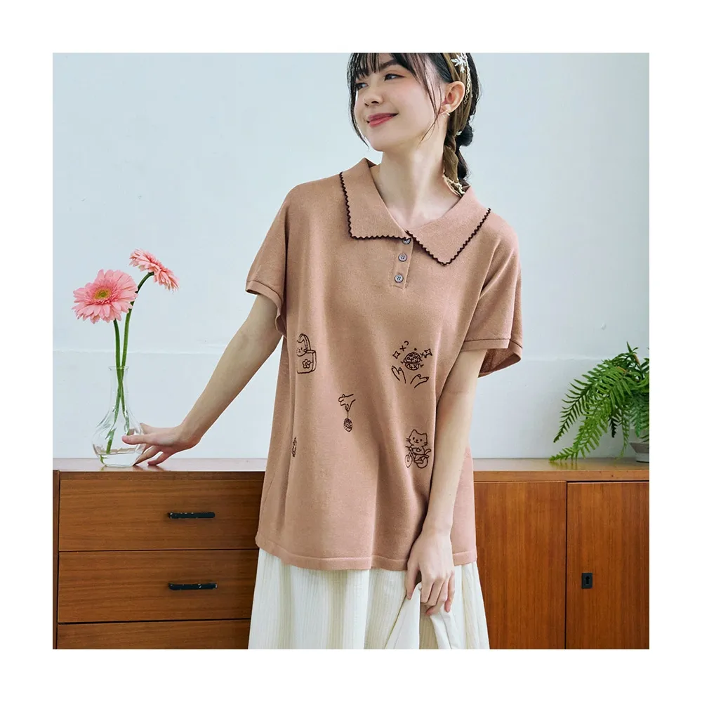【OB 嚴選】日系貓咪刺繡撞色滾邊翻領針織上衣 《FA3224》