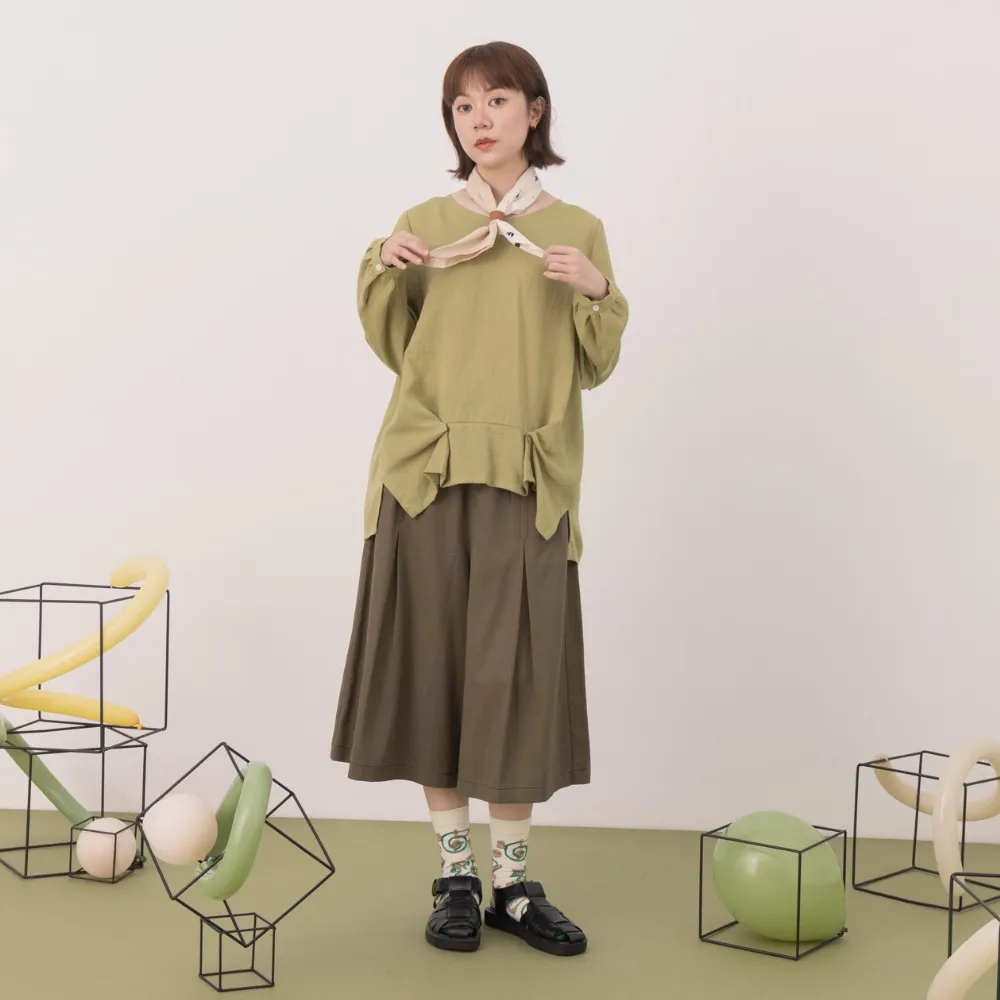 【MOSS CLUB】箱褶寬襬七分褲(藍 綠)