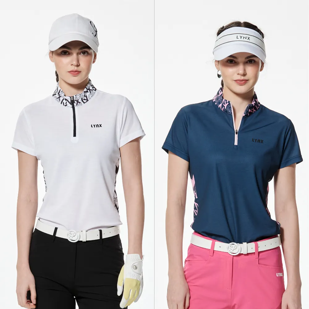 【Lynx Golf】女款吸濕排汗機能雙面組織布料剪接LOGO印花配布造型短袖立領POLO衫/高爾夫球衫(二色)