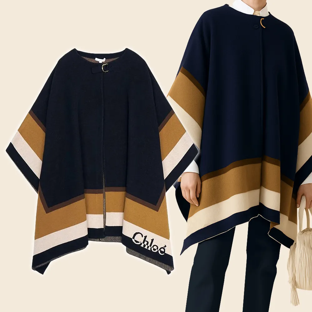 【Chloe’ 蔻依】C20315859 圓領帶扣徽標LOGO棉毛針織披肩(深藍色)