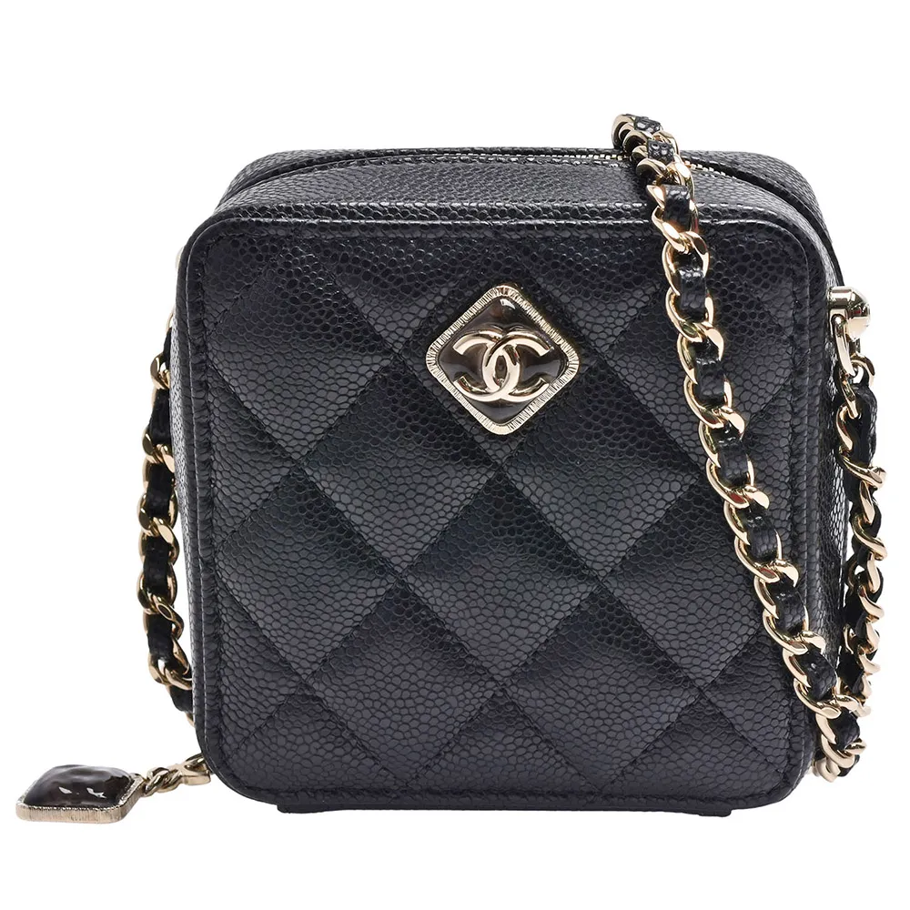 【CHANEL 香奈兒】經典菱形雙C LOGO菱格紋牛皮方形斜背包(迷你-黑色AP2852C-BLK-GP)