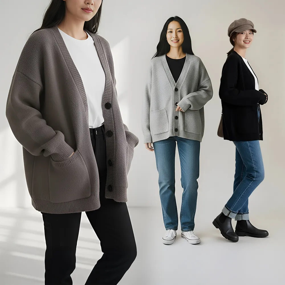 【Amore】秋冬慵懶風開衫V領針織毛衣外套4色(慵懶風針織外套秋冬穿搭首選)