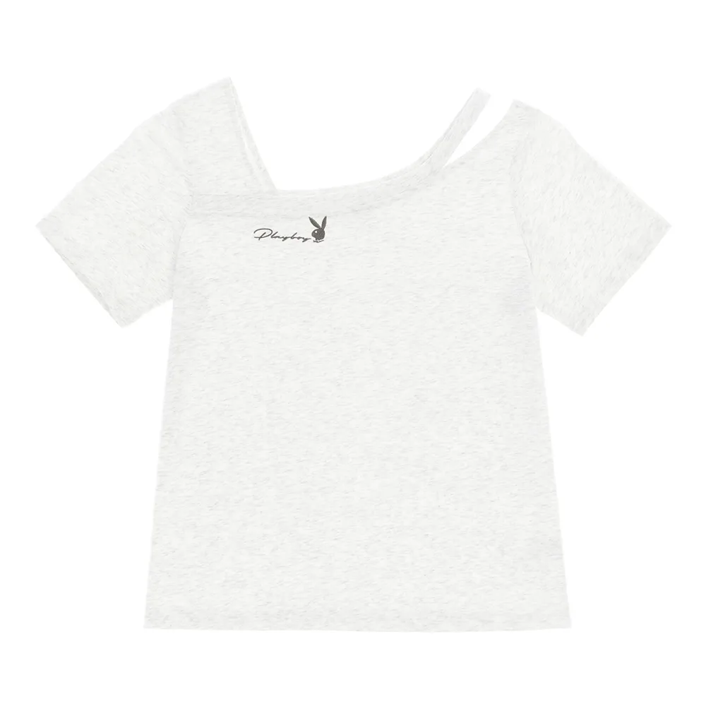 【PLAYBOY】涼感不對稱露肩T-SHIRT(淺麻灰色)