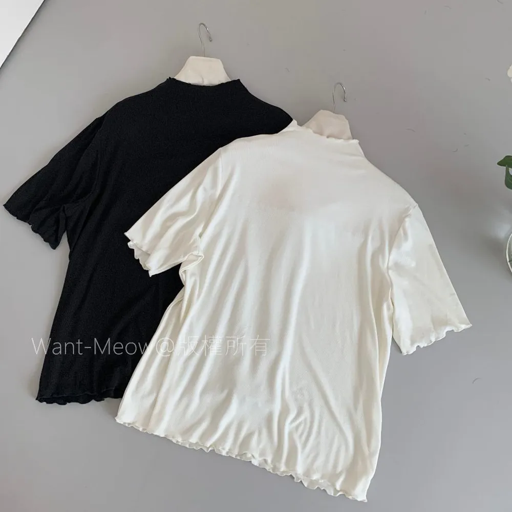 【Want-Meow】90公斤可穿/超彈力百搭日系多層次半高領上衣大學T短袖T(大碼上衣/大碼/大尺碼/短袖上衣)