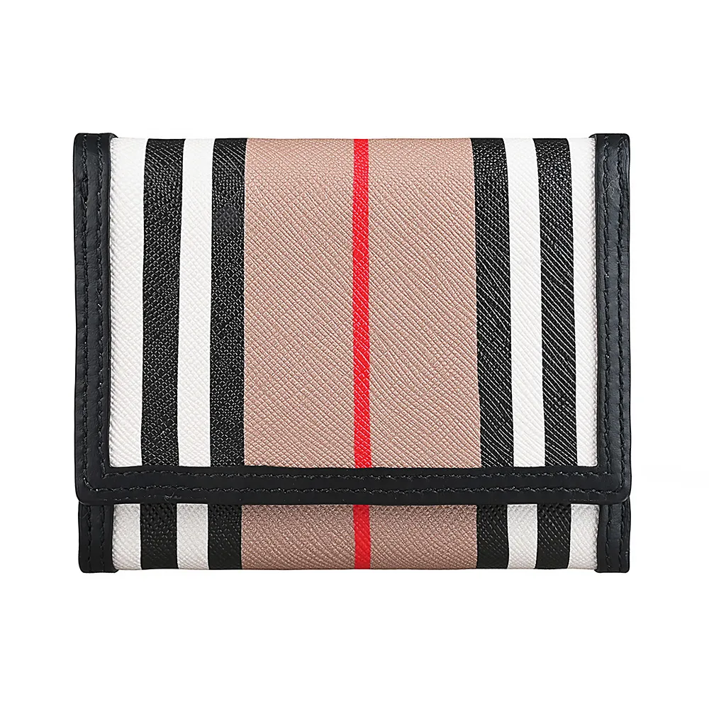 【BURBERRY 巴寶莉】BURBERRY LANCASTER內裡燙金LOGO直線條設計塗層帆布搭牛皮6卡三折釦短夾(經典米x黑)