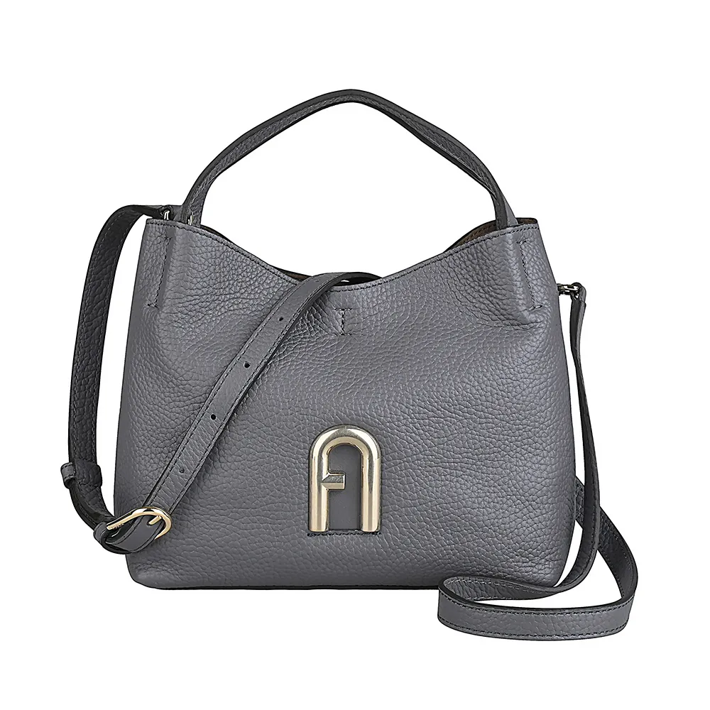 【FURLA 芙拉】FURLA Primula LOGO釦式荔枝小牛皮手提斜背流浪包(迷你/土壤灰)