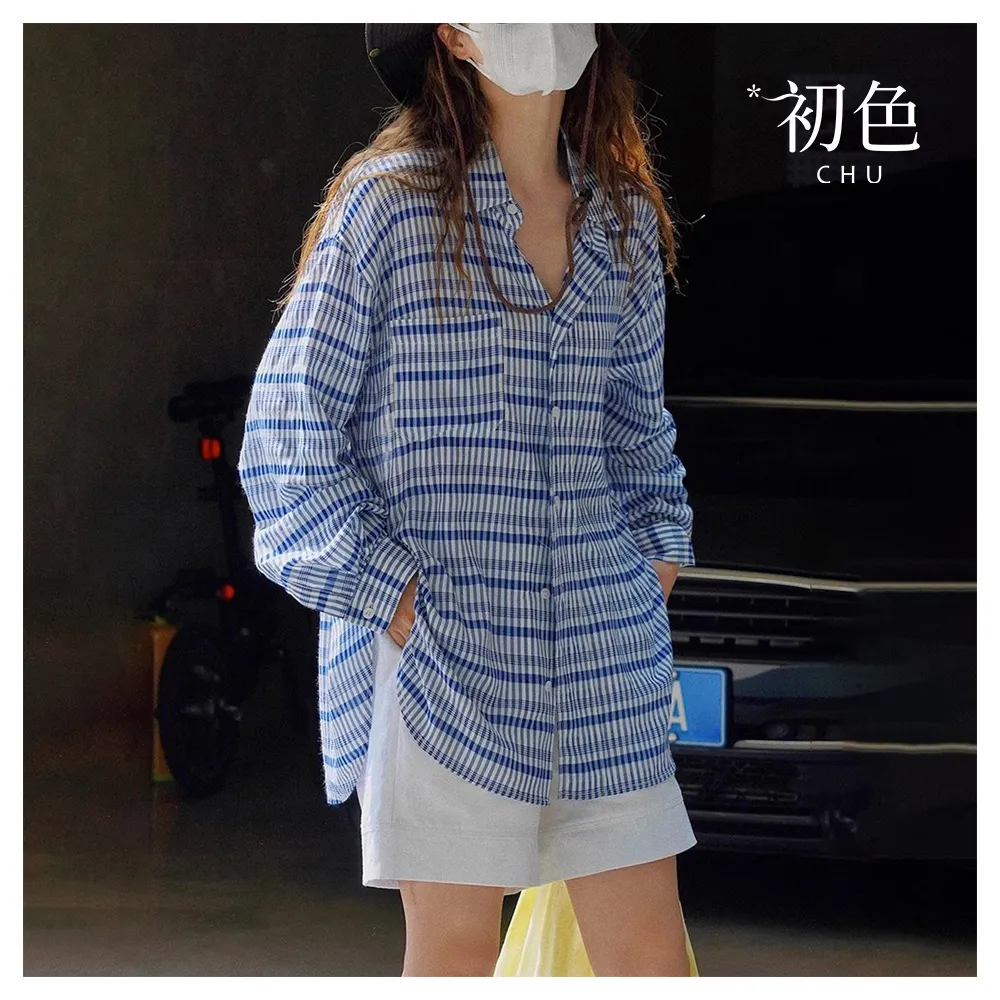 【初色】格紋寬鬆休閒翻領單排釦條紋襯衫女上衣-藍色條紋-10146(M-2XL可選)