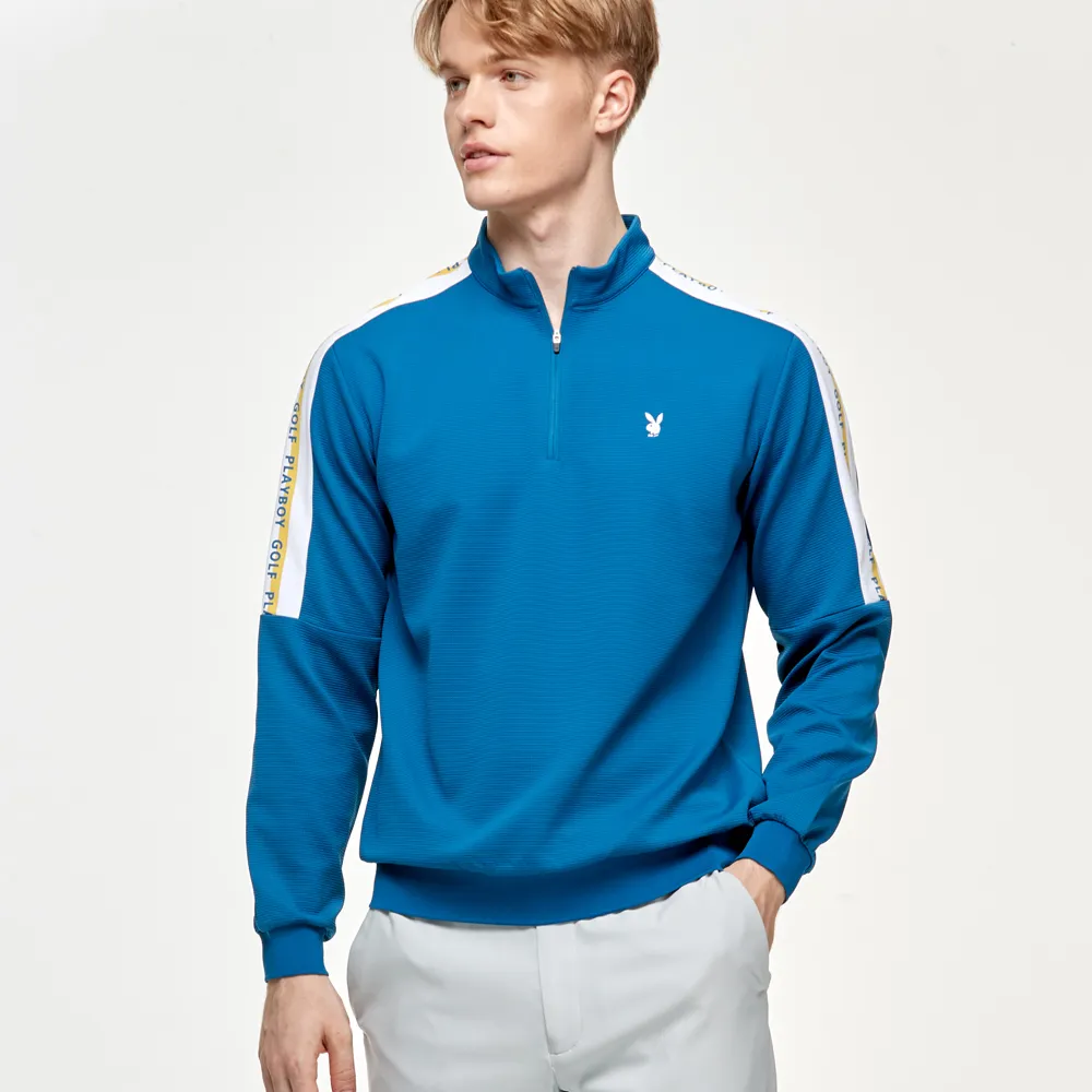 【PLAYBOY GOLF】男款剪接印花蓄熱保暖立領長袖厚上衣-藍(吸濕排汗/GOLF/高爾夫球衫/AA24225-57)